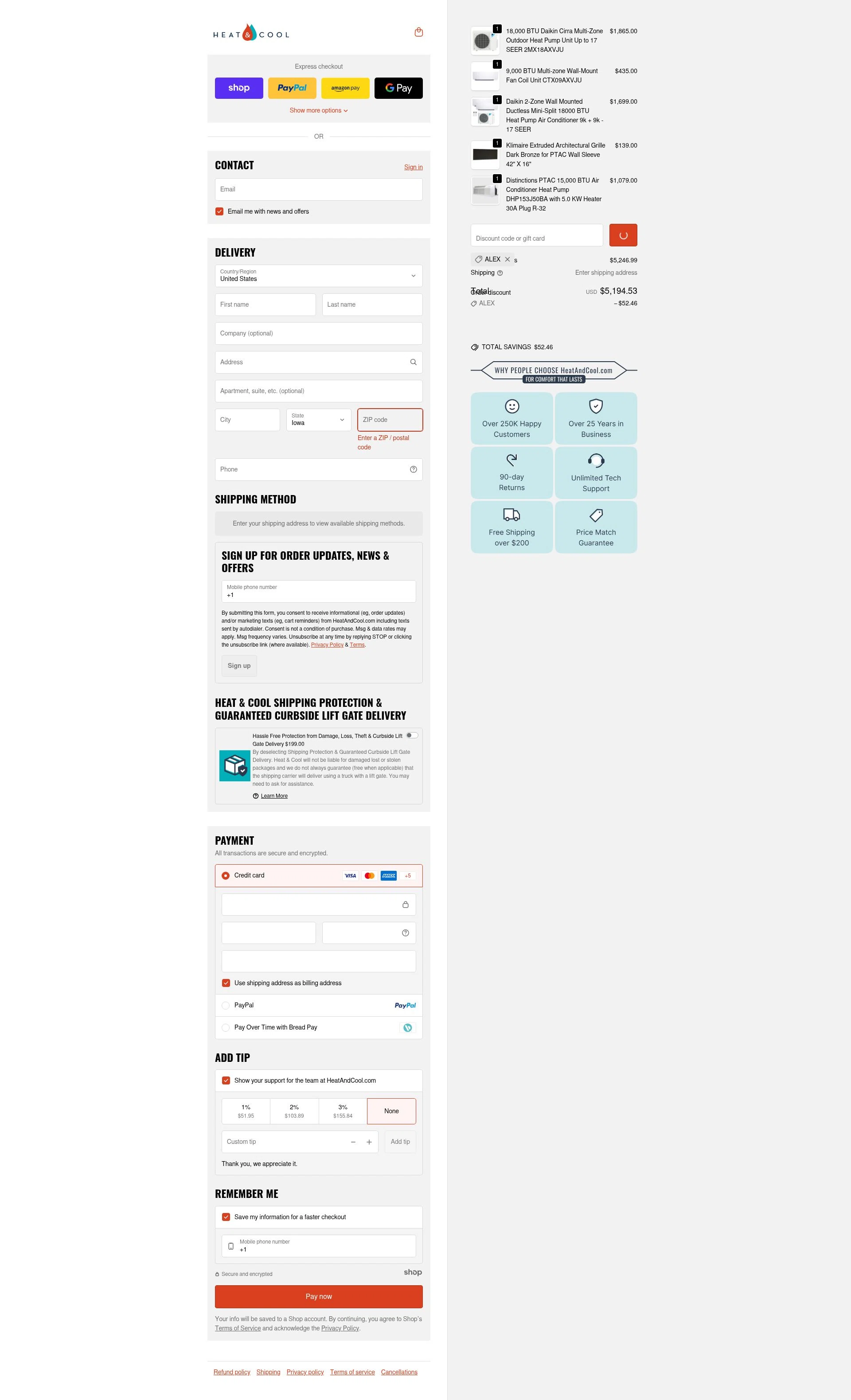 HeatAndCool checkout page showing HeatAndCool promo code box | Screenshot taken by SimplyCodes community member on Dec 26, 2025