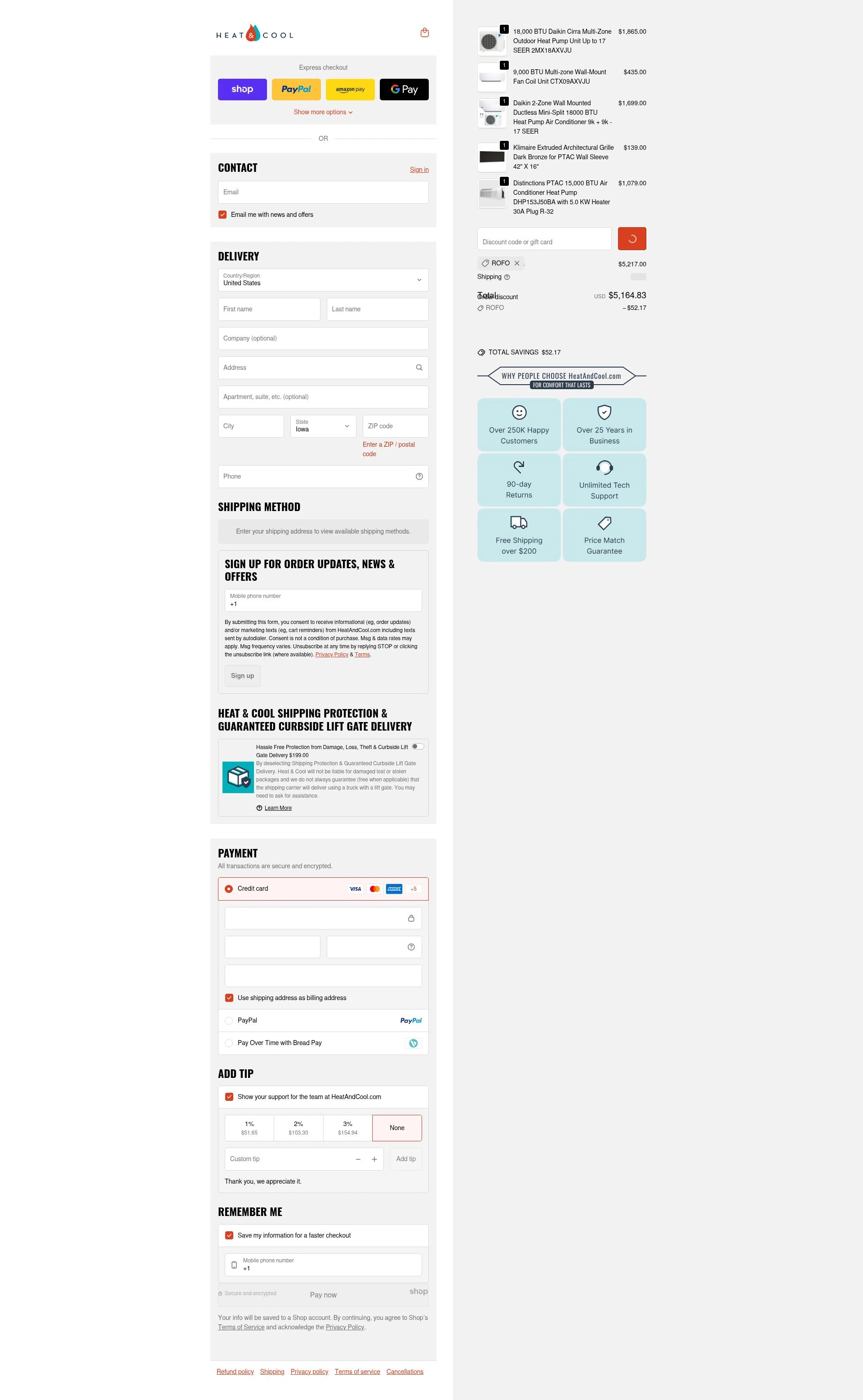 HeatAndCool checkout page showing HeatAndCool promo code box | Screenshot taken by SimplyCodes community member on Dec 26, 2025