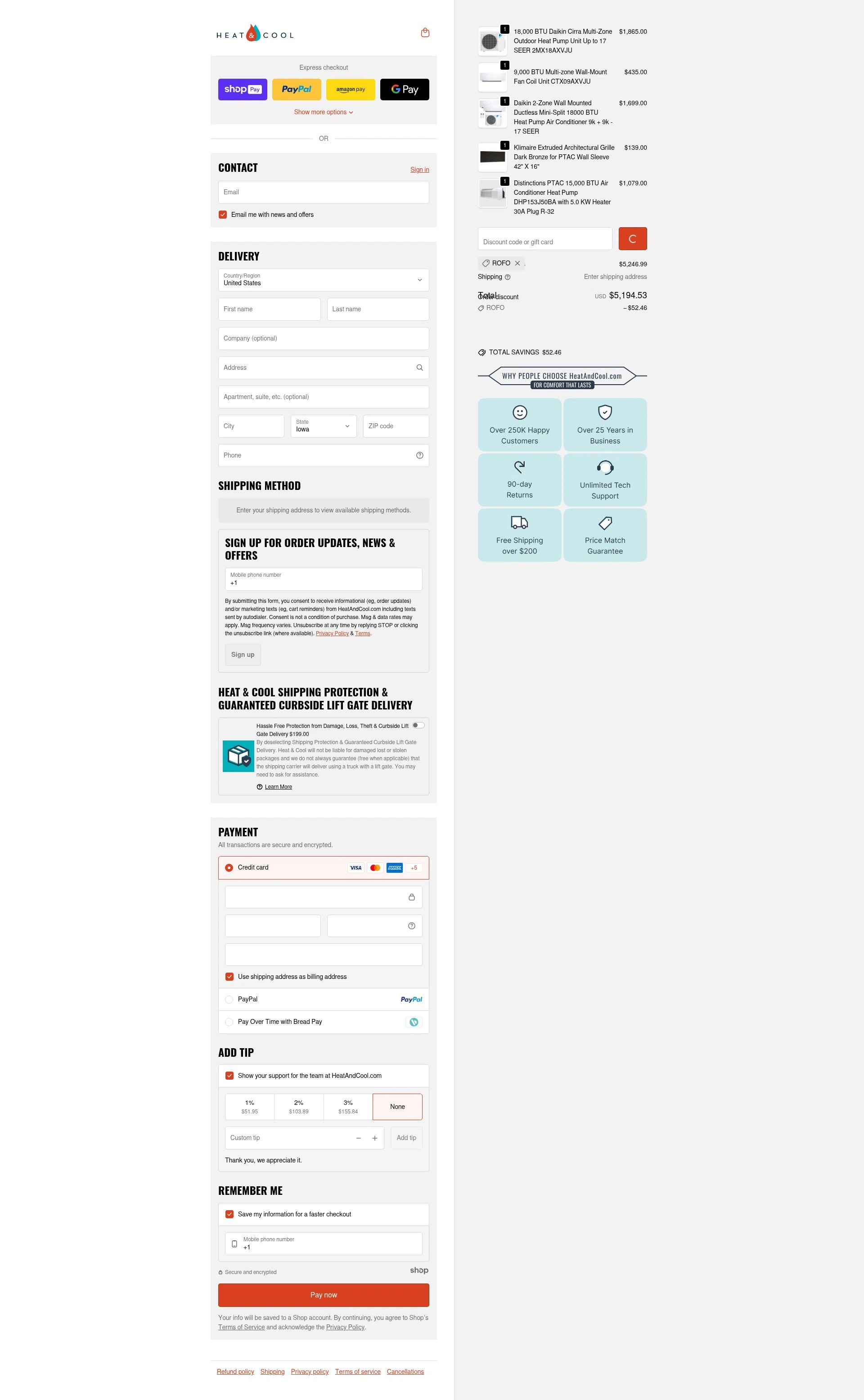 HeatAndCool checkout page showing HeatAndCool promo code box | Screenshot taken by SimplyCodes community member on Jan 10, 2026