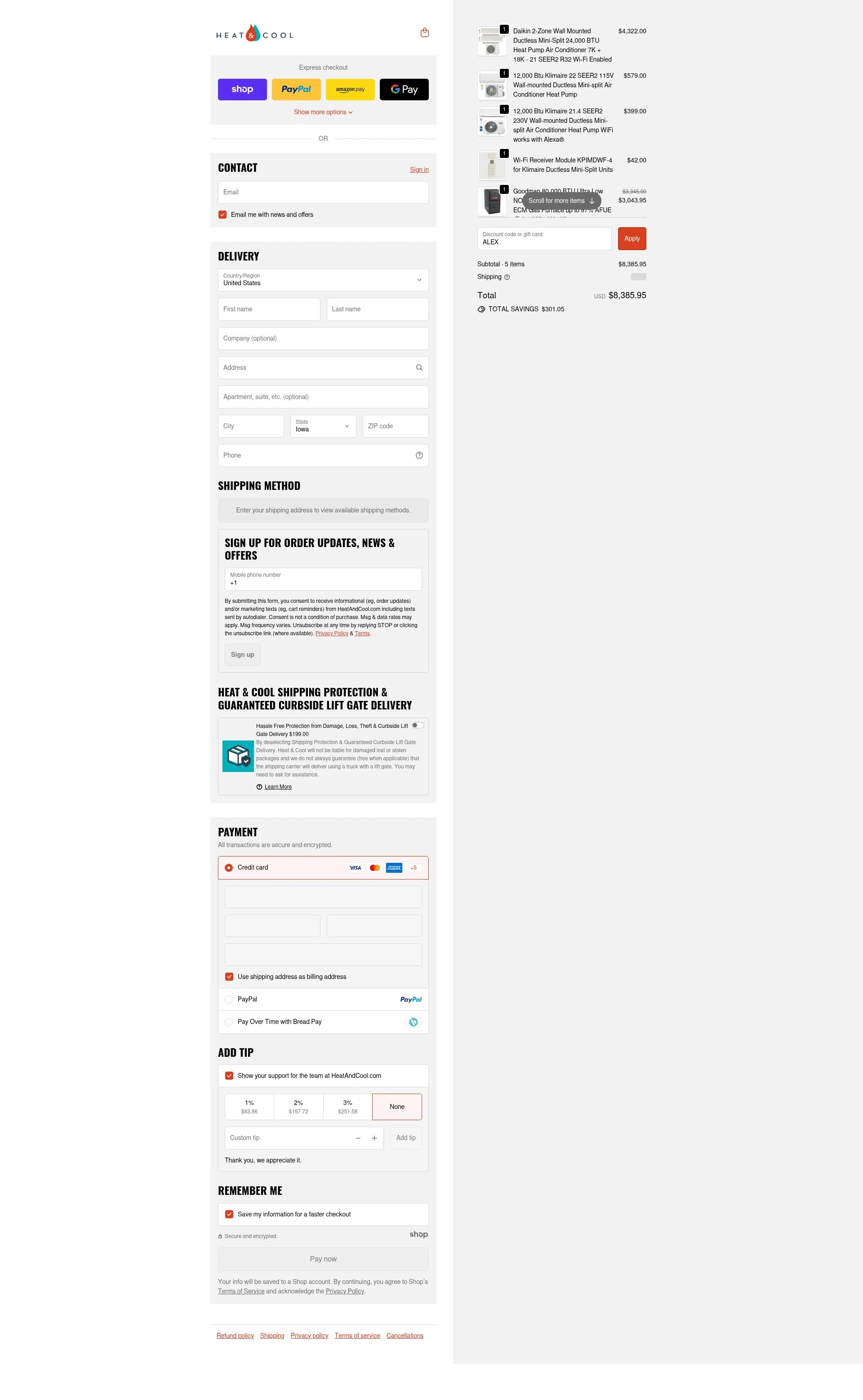 HeatAndCool checkout page showing HeatAndCool promo code box | Screenshot taken by SimplyCodes community member on Dec 20, 2025
