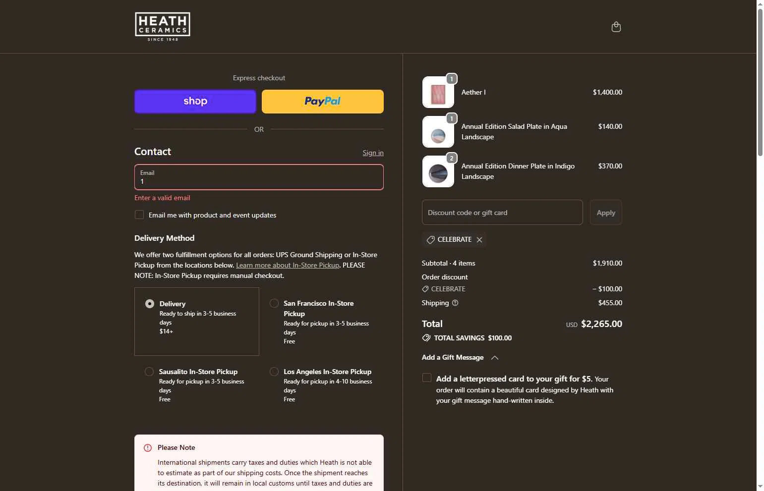 Heath Ceramics checkout page showing Heath Ceramics discount code box | Screenshot taken by SimplyCodes community member on Feb 4, 2026