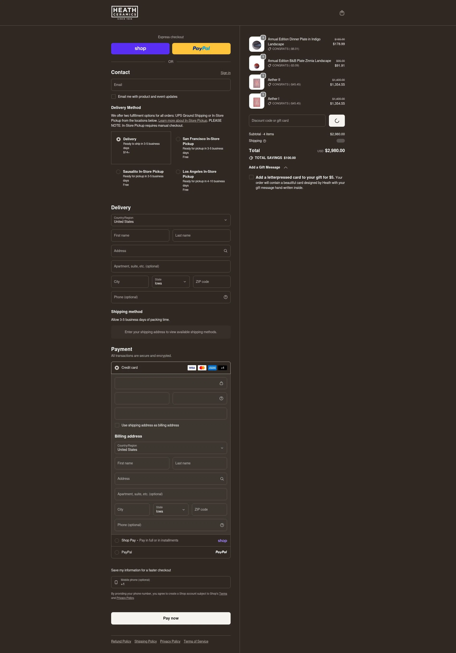 Heath Ceramics checkout page showing Heath Ceramics discount code box | Screenshot taken by SimplyCodes community member on Feb 7, 2026