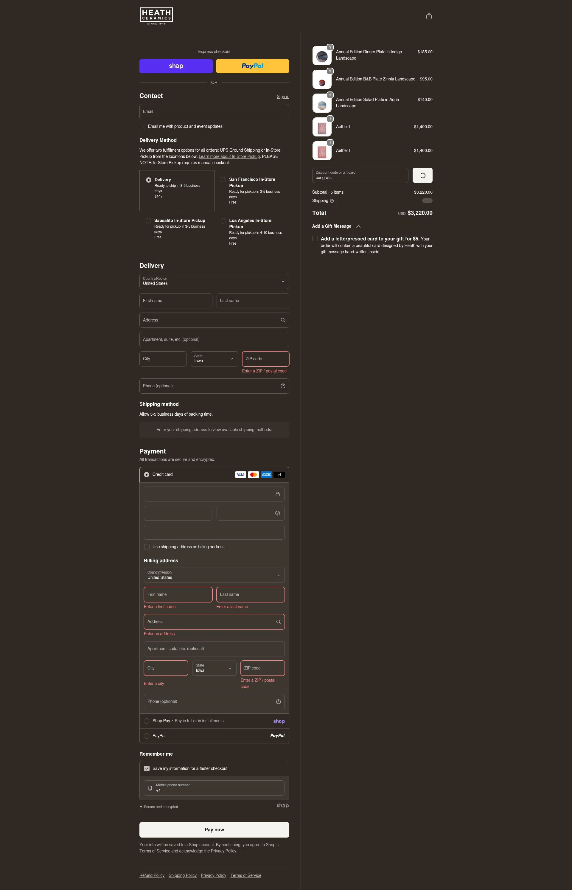 Heath Ceramics checkout page showing Heath Ceramics discount code box | Screenshot taken by SimplyCodes community member on Jan 30, 2026