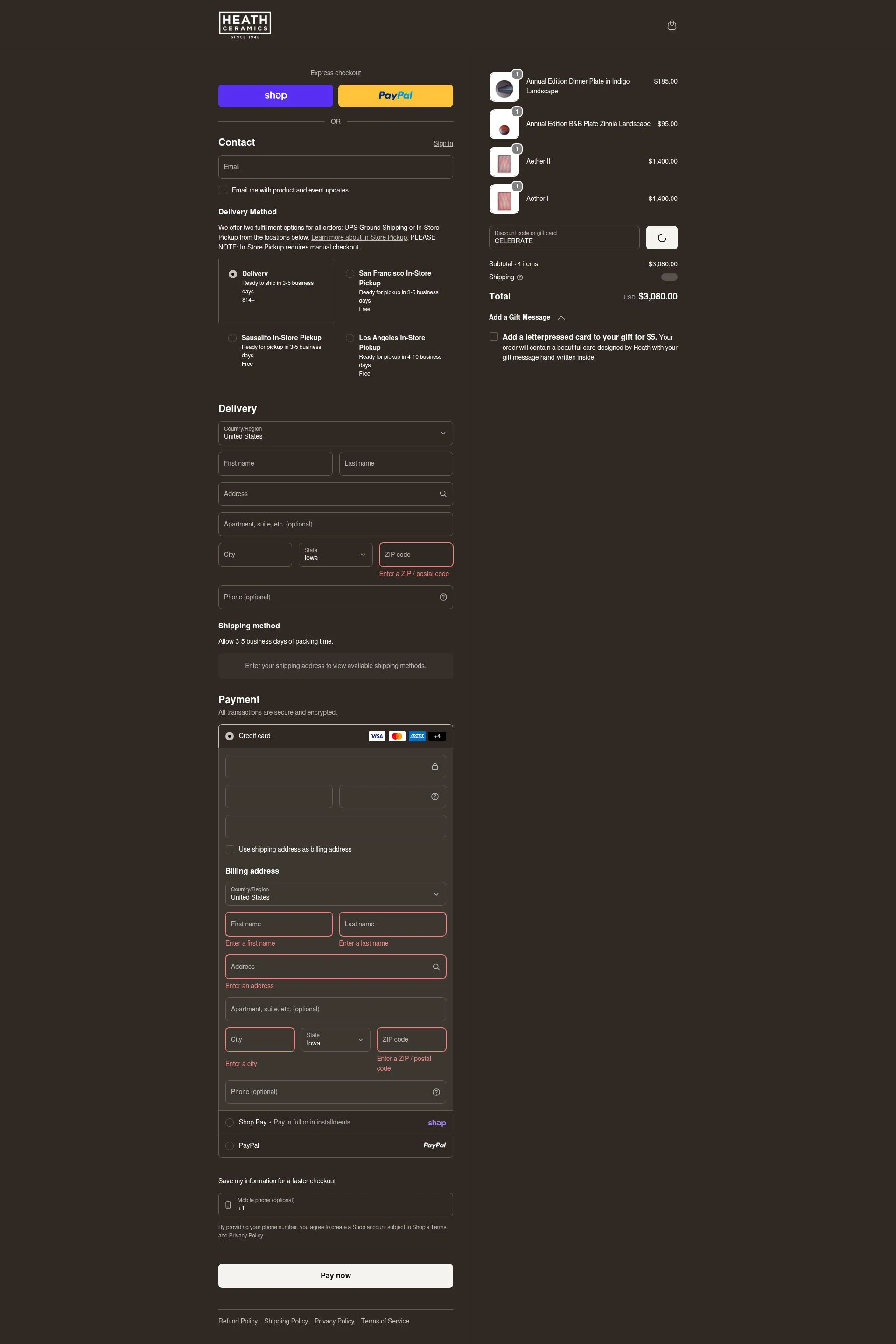 Heath Ceramics checkout page showing Heath Ceramics discount code box | Screenshot taken by SimplyCodes community member on Feb 7, 2026