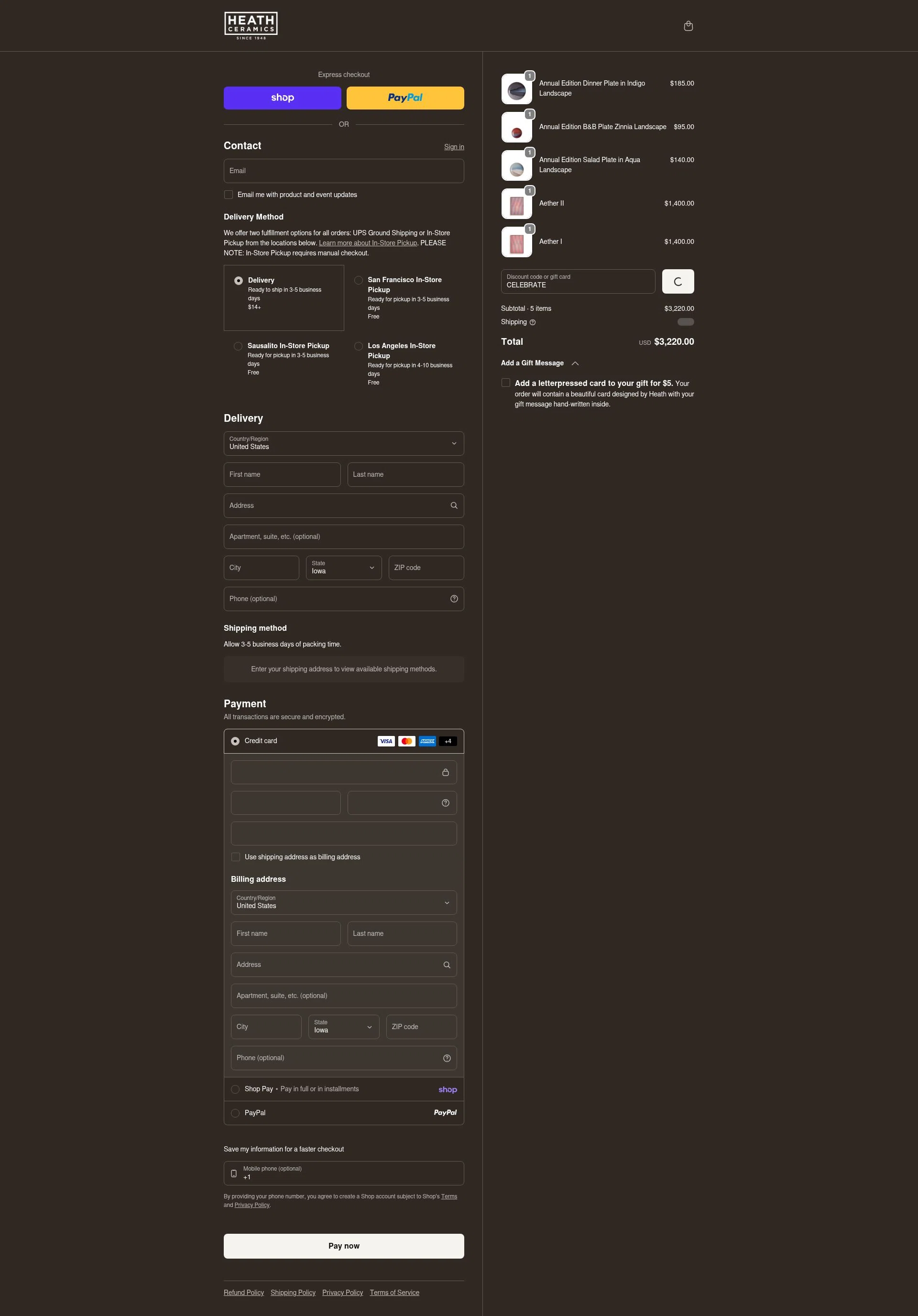 Heath Ceramics checkout page showing Heath Ceramics discount code box | Screenshot taken by SimplyCodes community member on Feb 3, 2026