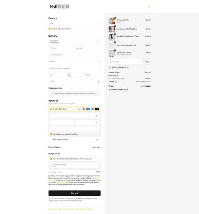 Heat Healer checkout page showing Heat Healer discount code box | Screenshot taken by SimplyCodes community member on Aug 11, 2025