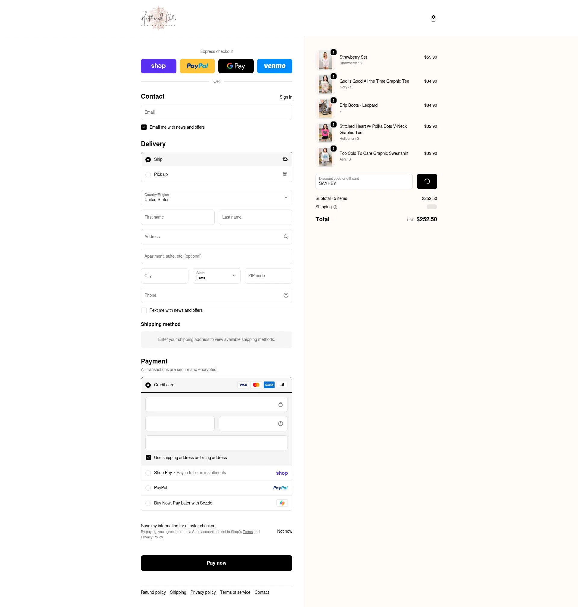 Heathered Boho checkout page showing Heathered Boho coupon code box | Screenshot taken by SimplyCodes community member on Feb 14, 2026