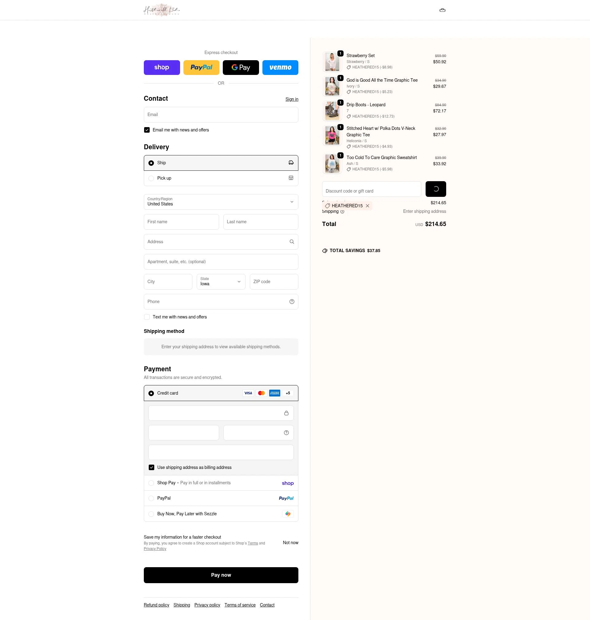 Heathered Boho checkout page showing Heathered Boho coupon code box | Screenshot taken by SimplyCodes community member on Feb 14, 2026