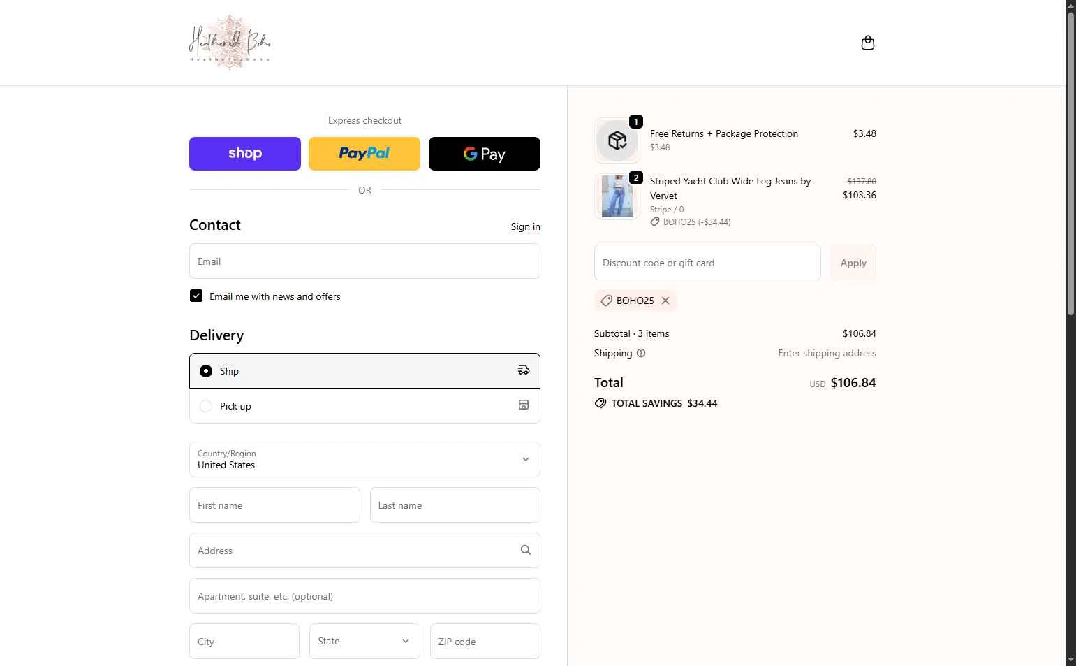 Heathered Boho checkout page showing Heathered Boho coupon code box | Screenshot taken by SimplyCodes community member on Feb 14, 2026