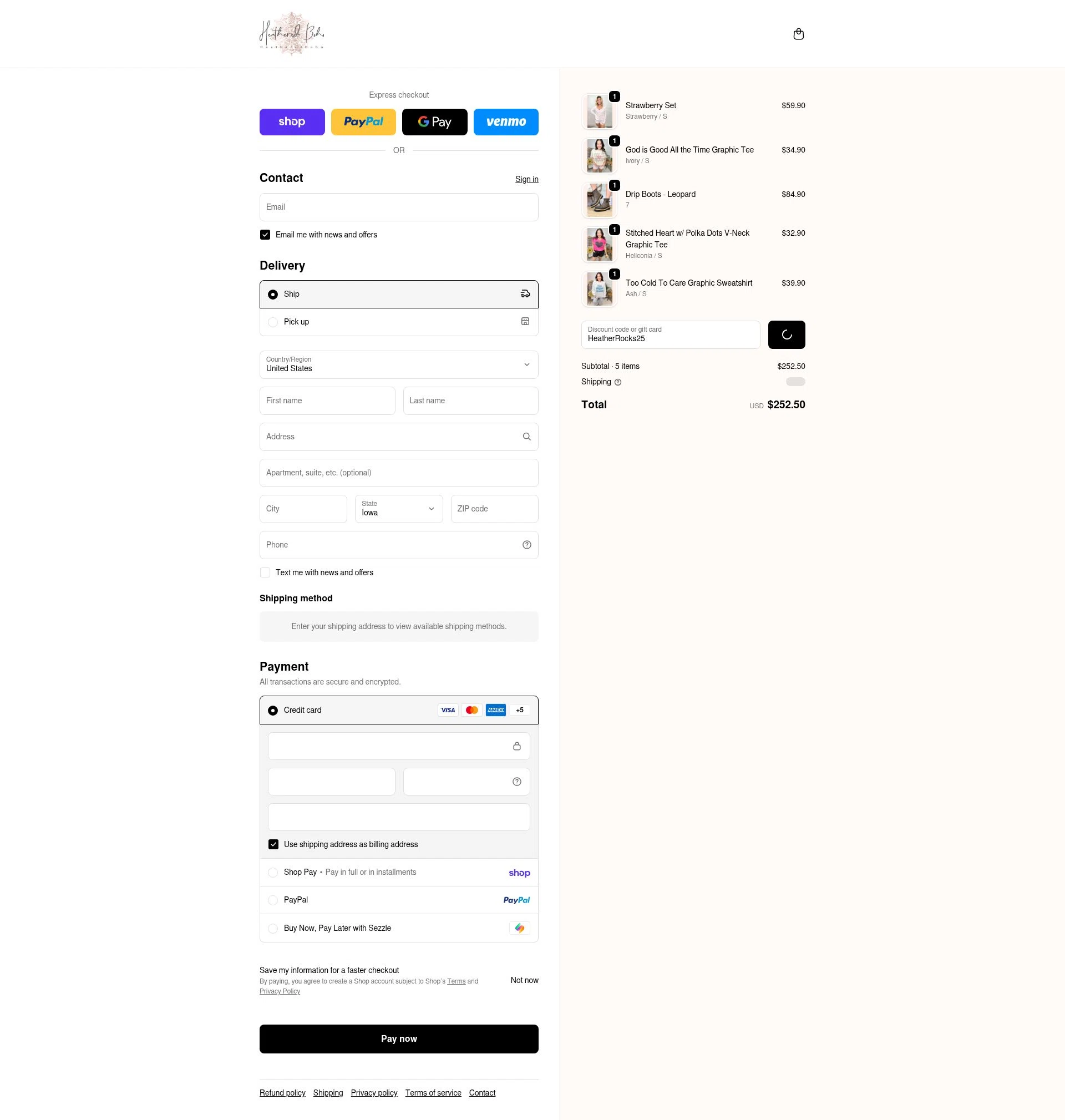 Heathered Boho checkout page showing Heathered Boho coupon code box | Screenshot taken by SimplyCodes community member on Feb 14, 2026