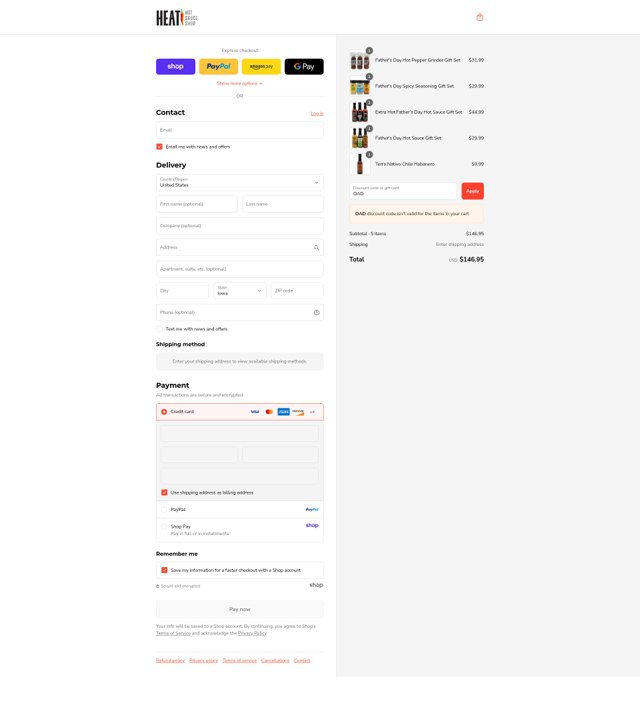 Heat Hot Sauce checkout page showing Heat Hot Sauce discount code box | Screenshot taken by SimplyCodes community member on Sep 4, 2025