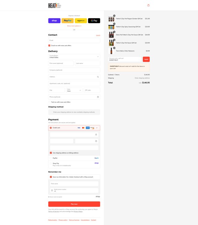 Heat Hot Sauce checkout page showing Heat Hot Sauce discount code box | Screenshot taken by SimplyCodes community member on Sep 4, 2025