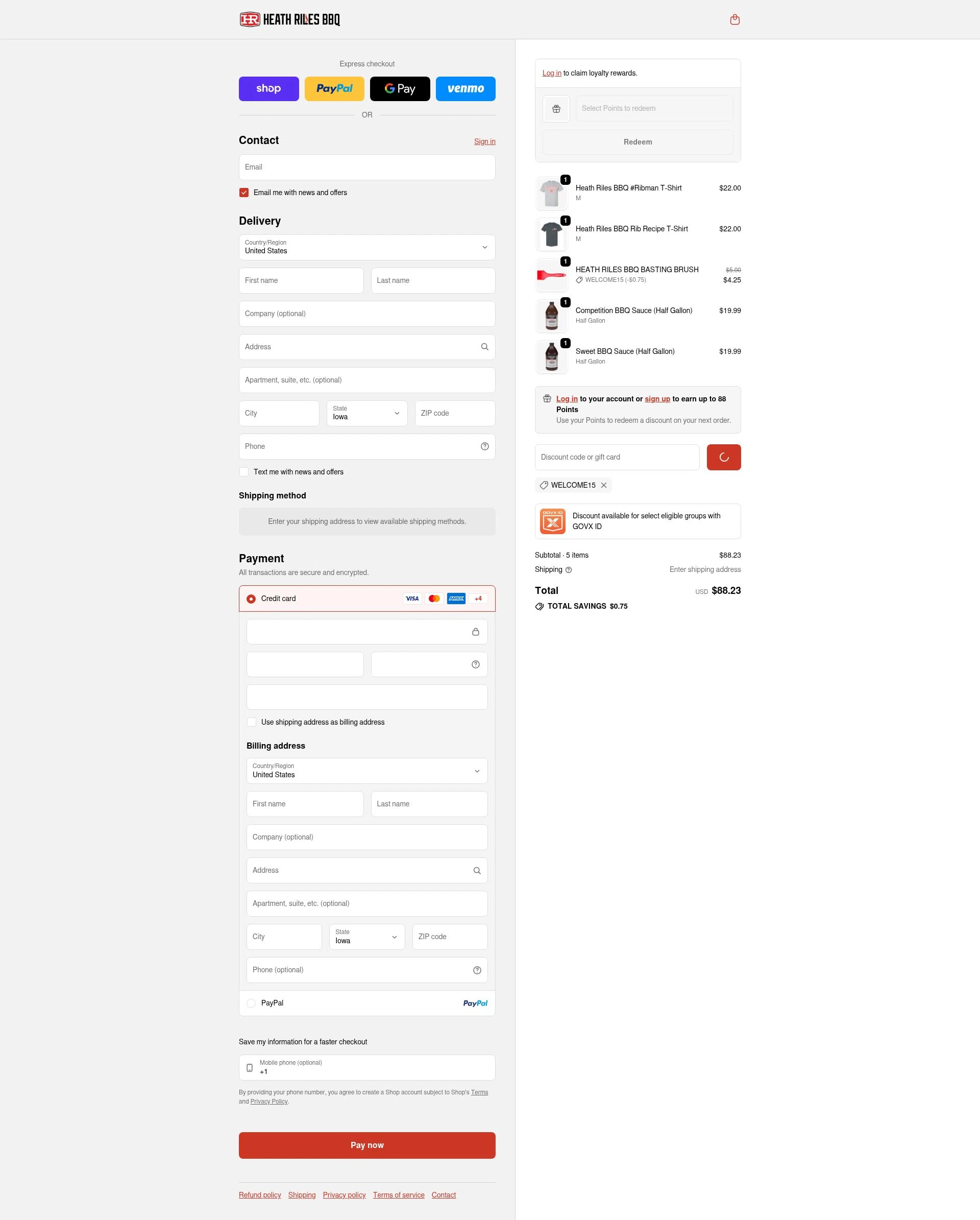Heath Riles BBQ checkout page showing Heath Riles BBQ discount code box | Screenshot taken by SimplyCodes community member on Feb 6, 2026