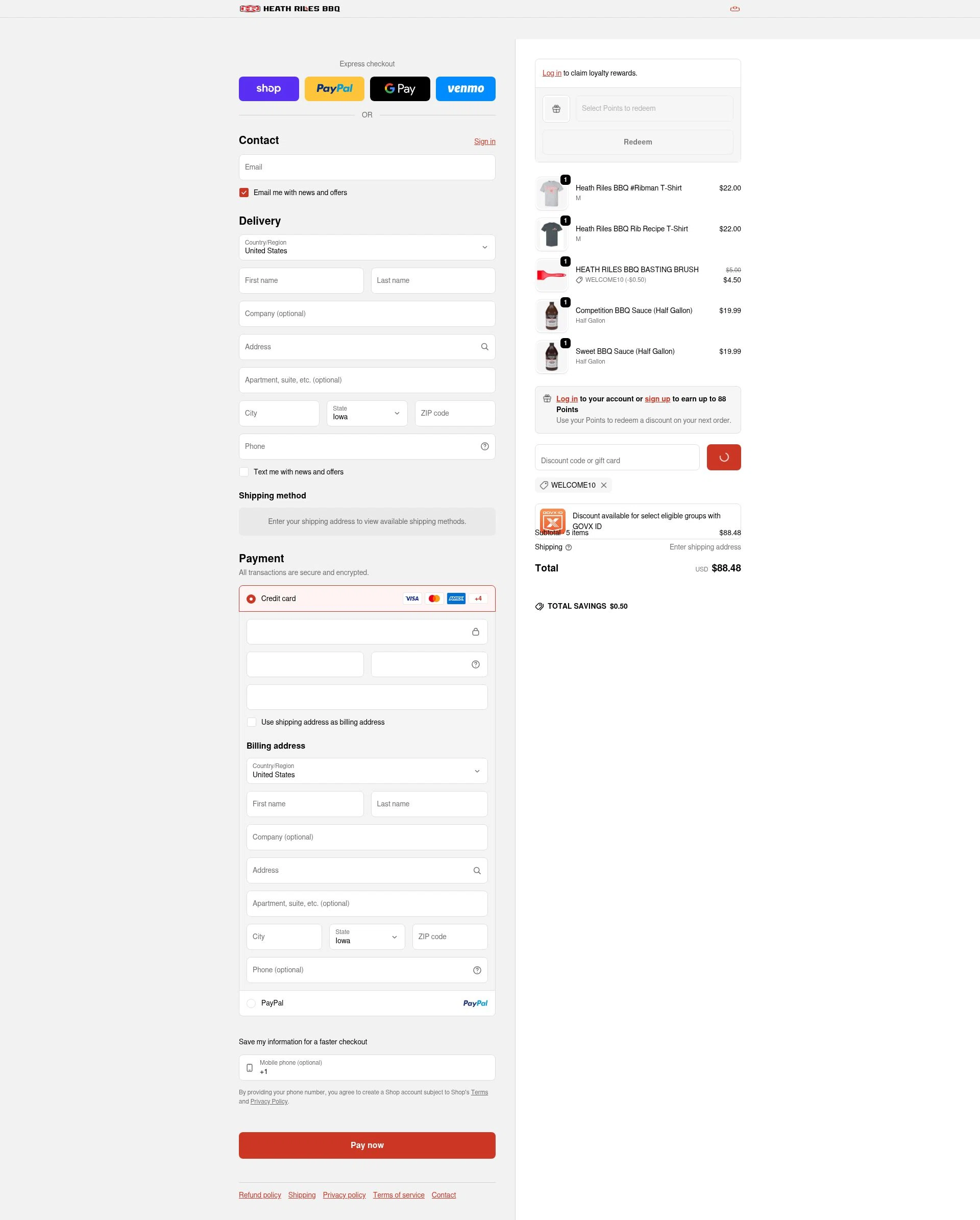 Heath Riles BBQ checkout page showing Heath Riles BBQ discount code box | Screenshot taken by SimplyCodes community member on Feb 6, 2026