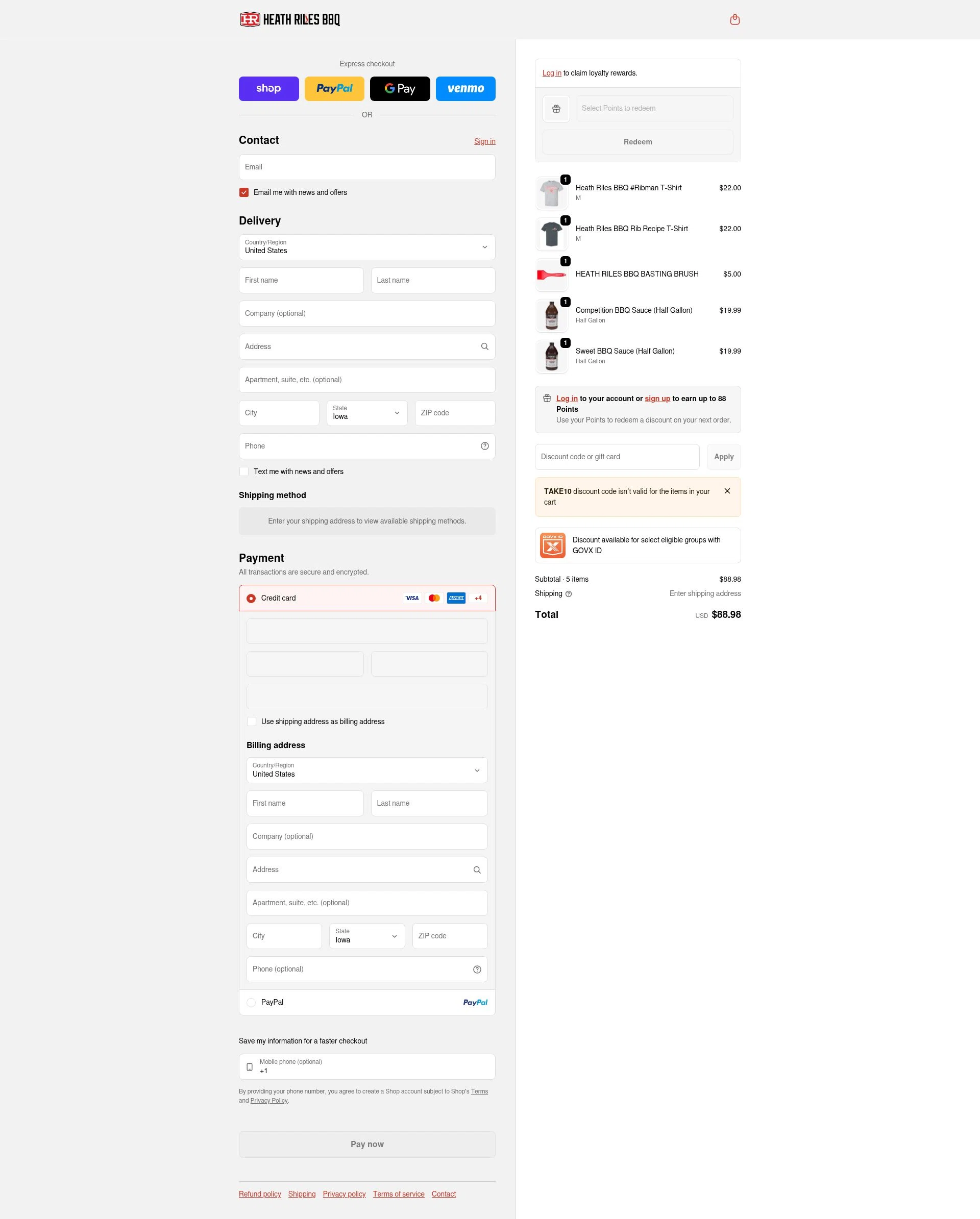 Heath Riles BBQ checkout page showing Heath Riles BBQ discount code box | Screenshot taken by SimplyCodes community member on Feb 6, 2026