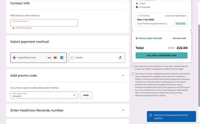 Heathrow Airport Parking checkout page showing Heathrow Airport Parking discount code box | Screenshot taken by SimplyCodes community member on Jul 7, 2025