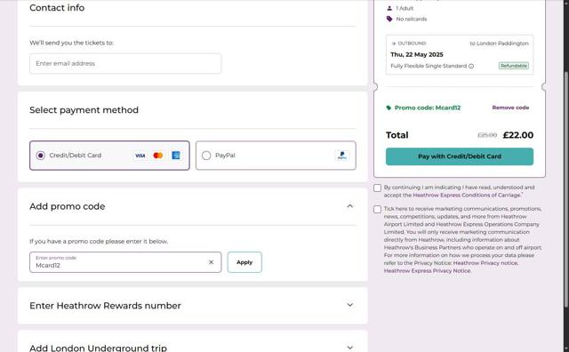 Heathrow Airport Parking checkout page showing Heathrow Airport Parking discount code box | Screenshot taken by SimplyCodes community member on May 22, 2025