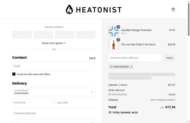 Heatonist checkout page showing Heatonist discount code box | Screenshot taken by SimplyCodes community member on Sep 5, 2025