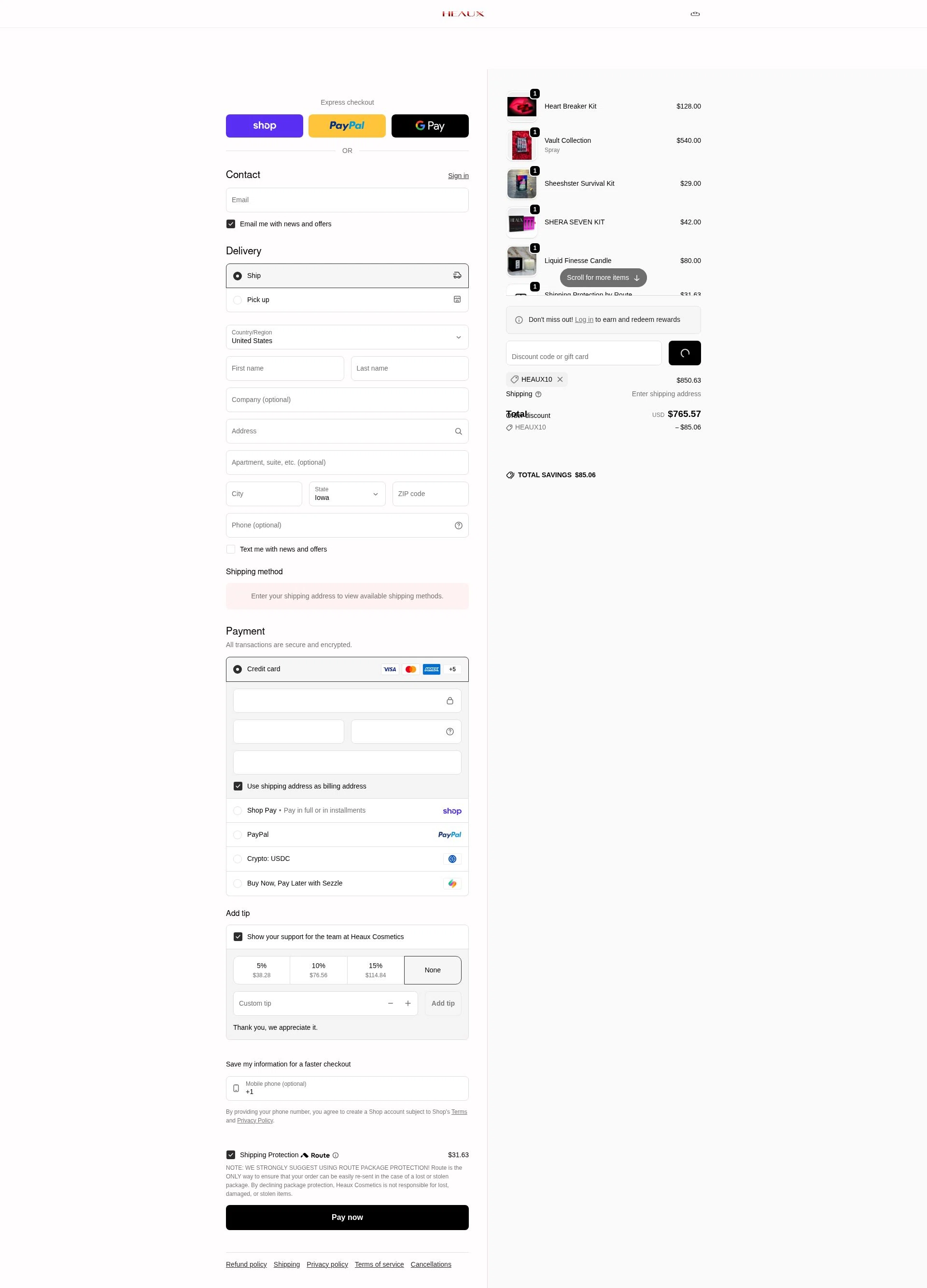 Heaux Cosmetics checkout page showing Heaux Cosmetics discount code box | Screenshot taken by SimplyCodes community member on Feb 12, 2026