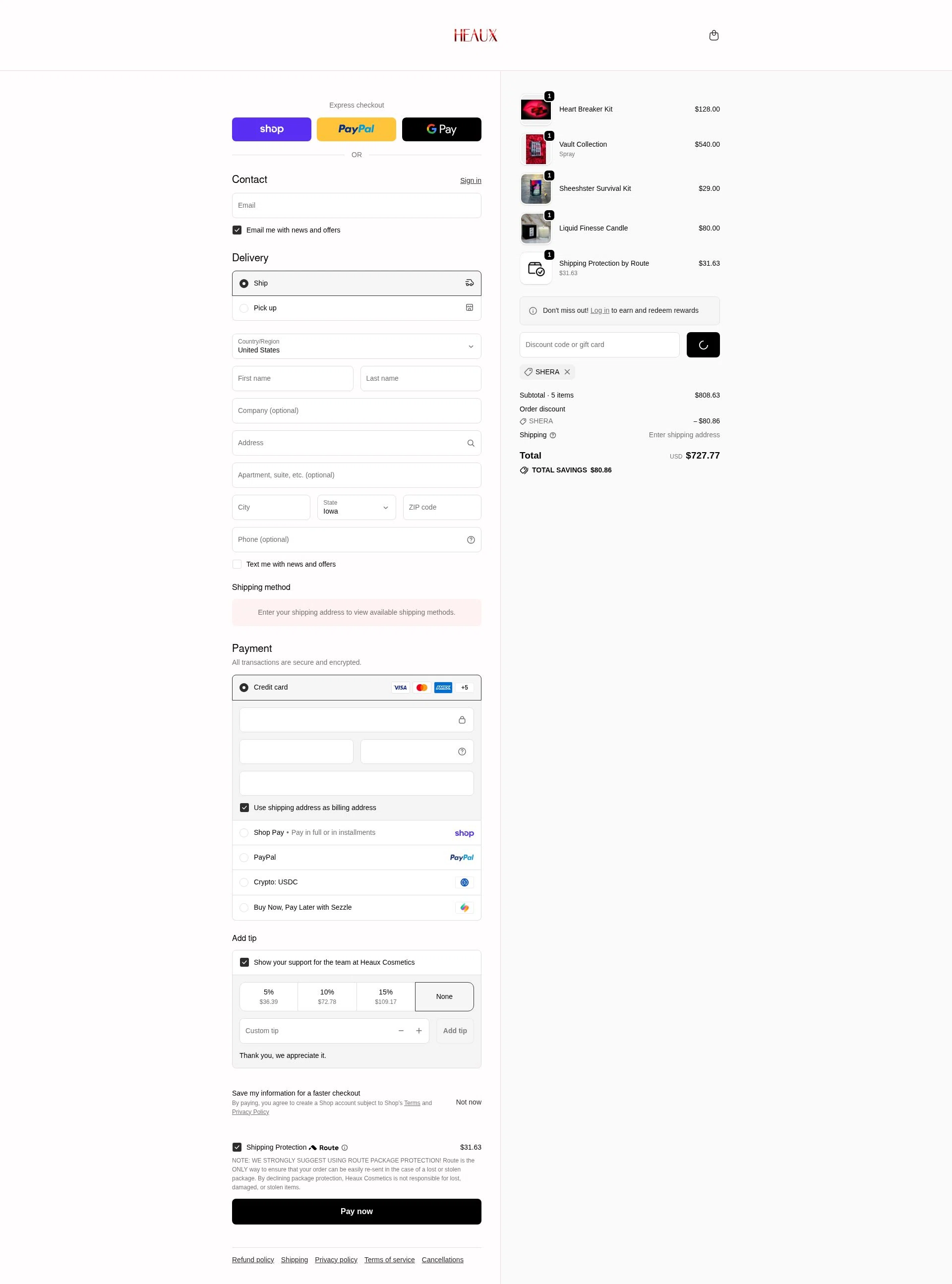 Heaux Cosmetics checkout page showing Heaux Cosmetics discount code box | Screenshot taken by SimplyCodes community member on Feb 16, 2026
