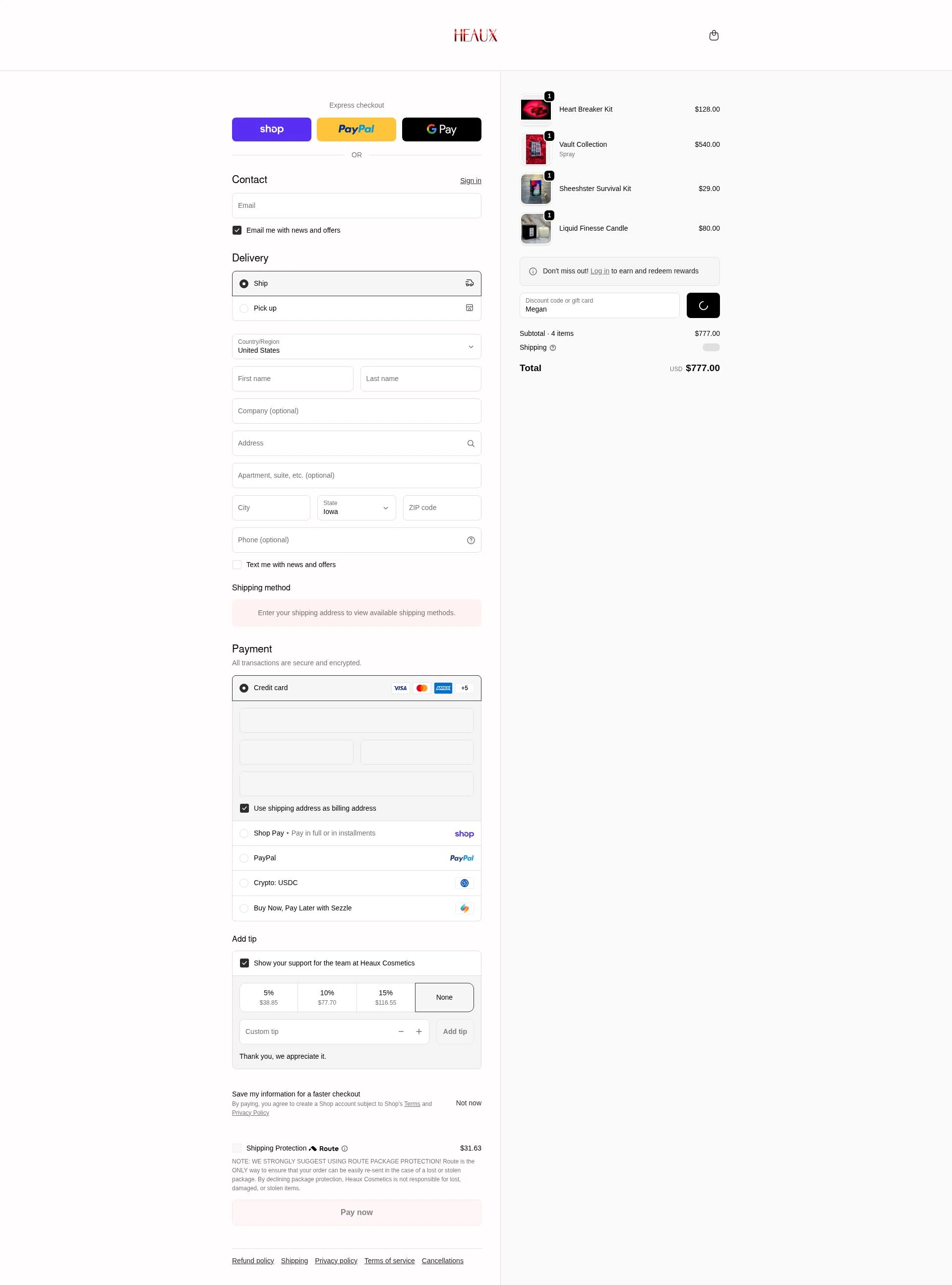 Heaux Cosmetics checkout page showing Heaux Cosmetics discount code box | Screenshot taken by SimplyCodes community member on Feb 16, 2026