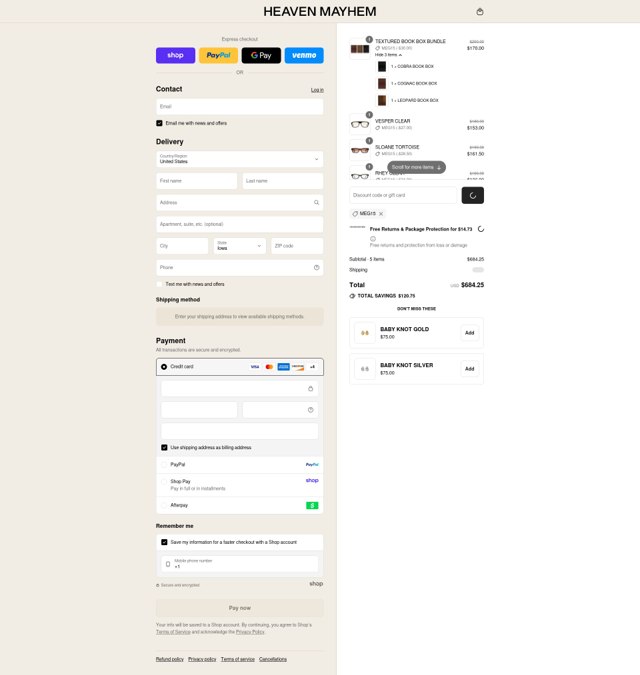 Heaven Mayhem checkout page showing Heaven Mayhem discount code box | Screenshot taken by SimplyCodes community member on Sep 4, 2025
