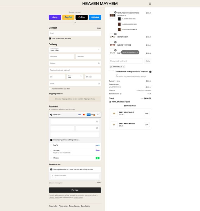 Heaven Mayhem checkout page showing Heaven Mayhem discount code box | Screenshot taken by SimplyCodes community member on Sep 4, 2025
