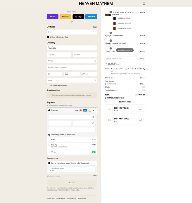 Heaven Mayhem checkout page showing Heaven Mayhem discount code box | Screenshot taken by SimplyCodes community member on Sep 4, 2025