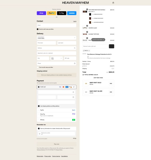 Heaven Mayhem checkout page showing Heaven Mayhem discount code box | Screenshot taken by SimplyCodes community member on Sep 4, 2025
