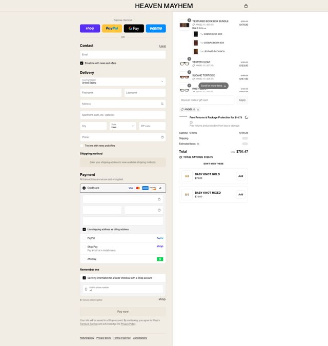 Heaven Mayhem checkout page showing Heaven Mayhem discount code box | Screenshot taken by SimplyCodes community member on Sep 4, 2025