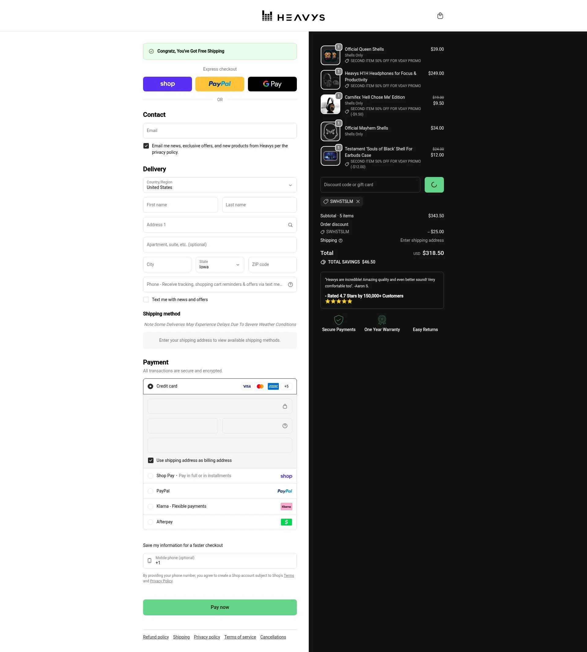 Heavys checkout page showing Heavys discount code box | Screenshot taken by SimplyCodes community member on Feb 11, 2026