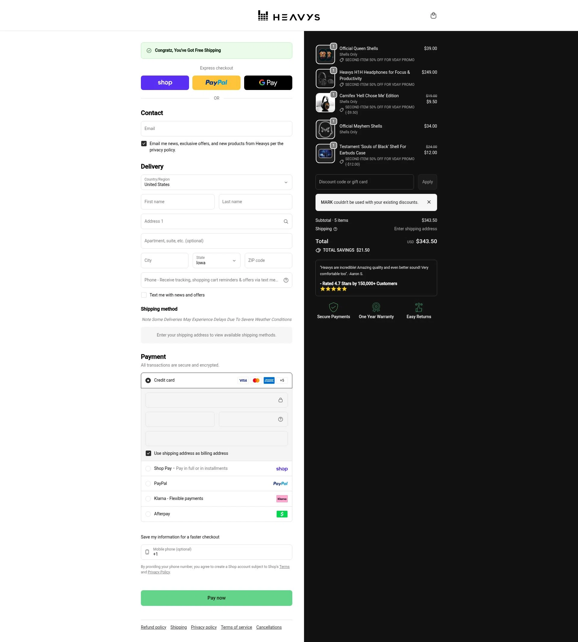 Heavys checkout page showing Heavys discount code box | Screenshot taken by SimplyCodes community member on Feb 11, 2026