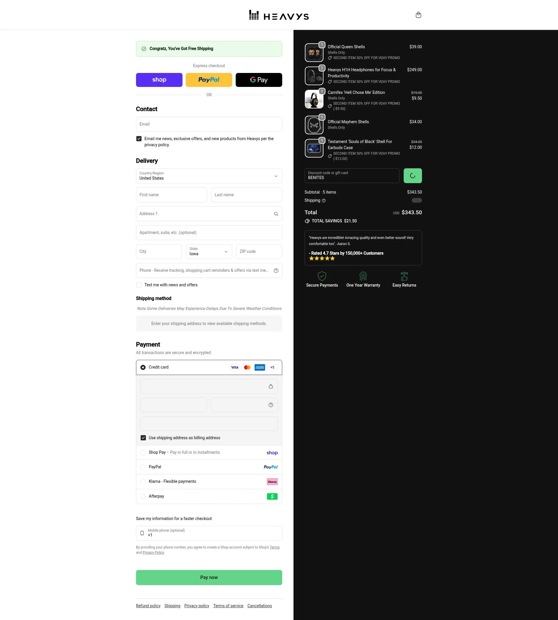 Heavys checkout page showing Heavys discount code box | Screenshot taken by SimplyCodes community member on Feb 11, 2026