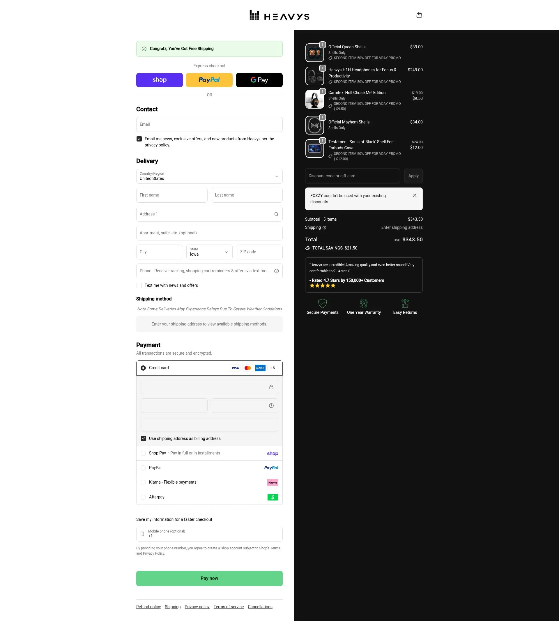 Heavys checkout page showing Heavys discount code box | Screenshot taken by SimplyCodes community member on Feb 12, 2026