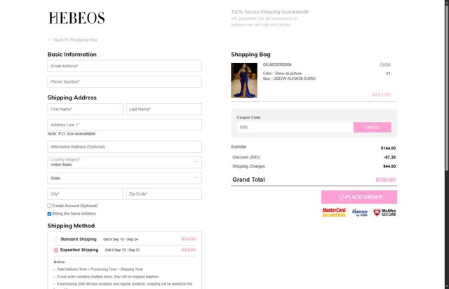 Hebeos checkout page showing Hebeos promo code box | Screenshot taken by SimplyCodes community member on Aug 29, 2025