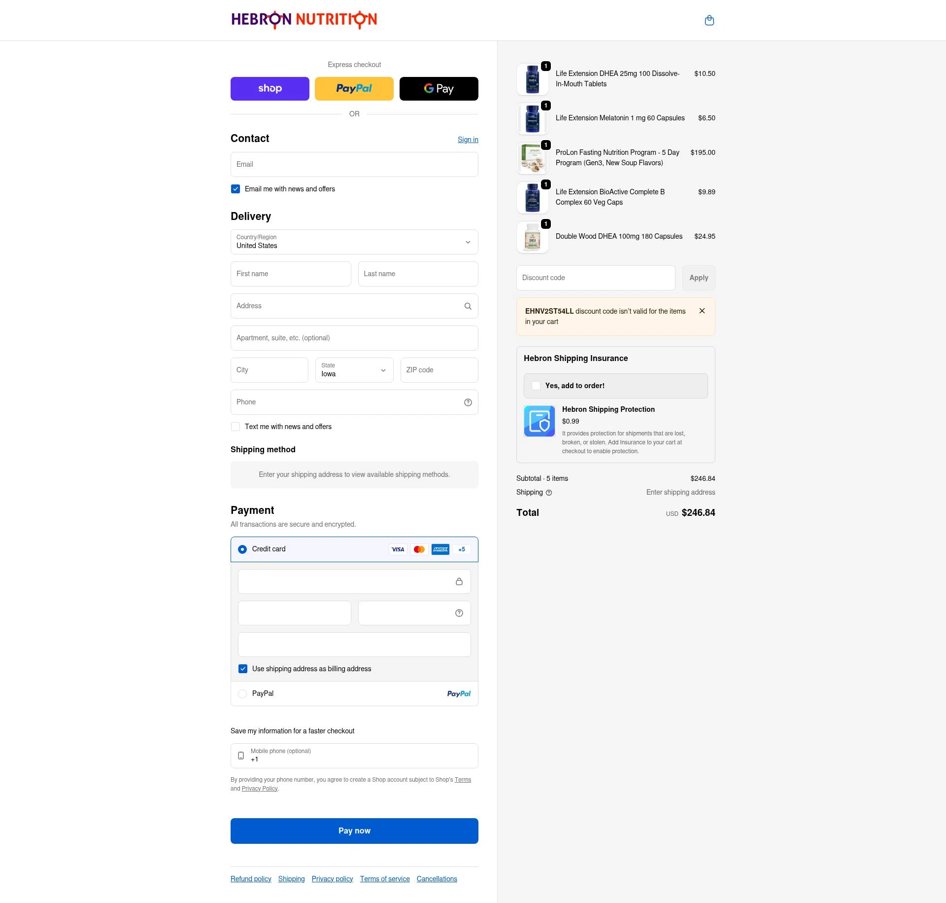 Hebron Nutrition checkout page showing Hebron Nutrition discount code box | Screenshot taken by SimplyCodes community member on Feb 7, 2026