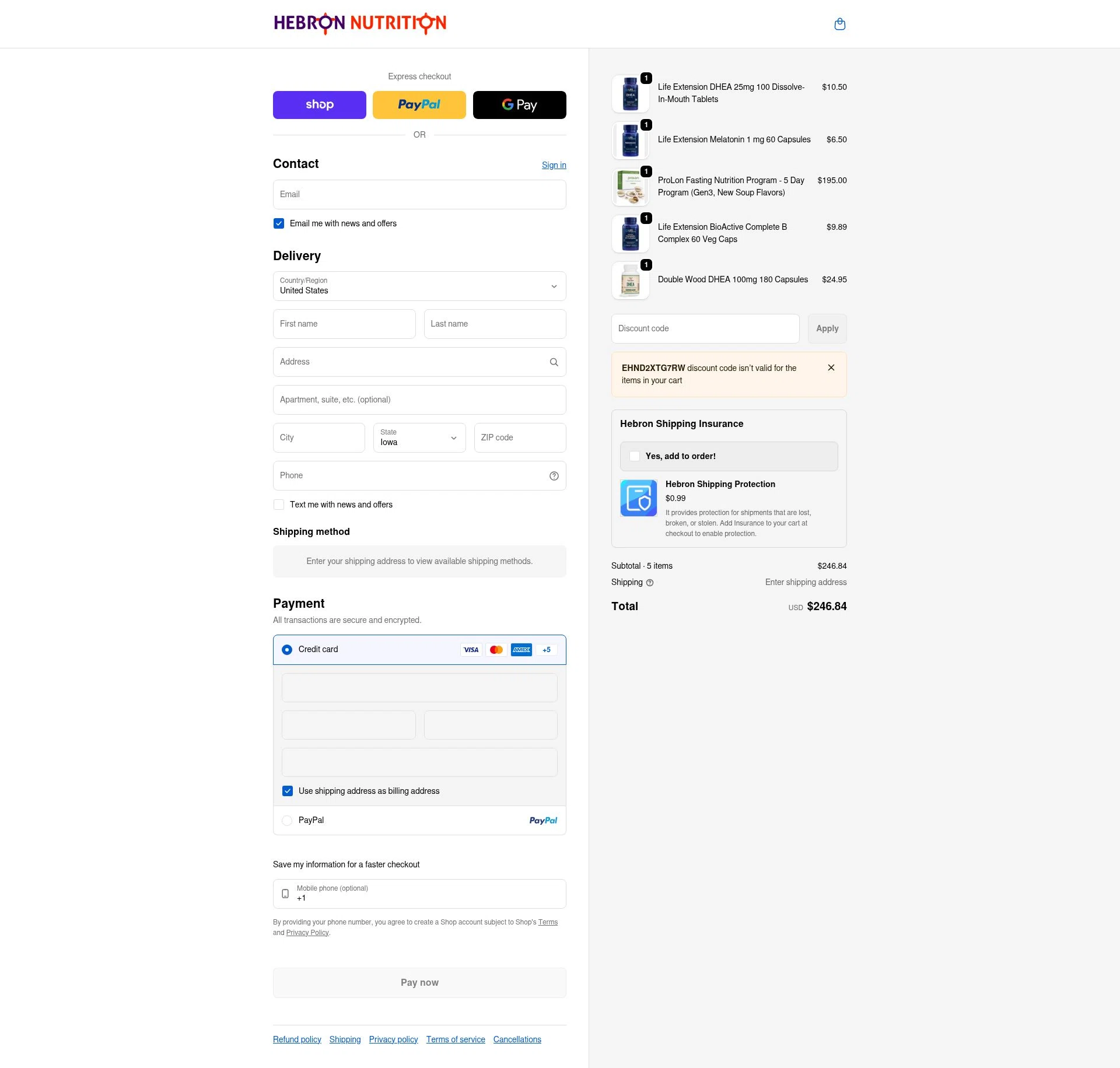 Hebron Nutrition checkout page showing Hebron Nutrition discount code box | Screenshot taken by SimplyCodes community member on Feb 7, 2026