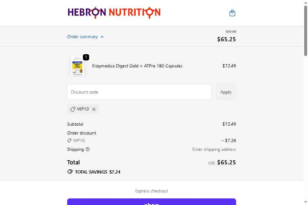 Hebron Nutrition checkout page showing Hebron Nutrition discount code box | Screenshot taken by SimplyCodes community member on Feb 7, 2026