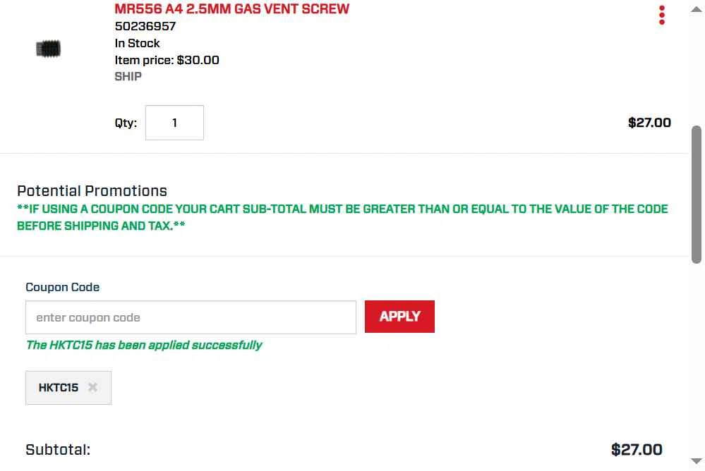 Heckler & Koch checkout page showing Heckler & Koch promo code box | Screenshot taken by SimplyCodes community member on May 11, 2025