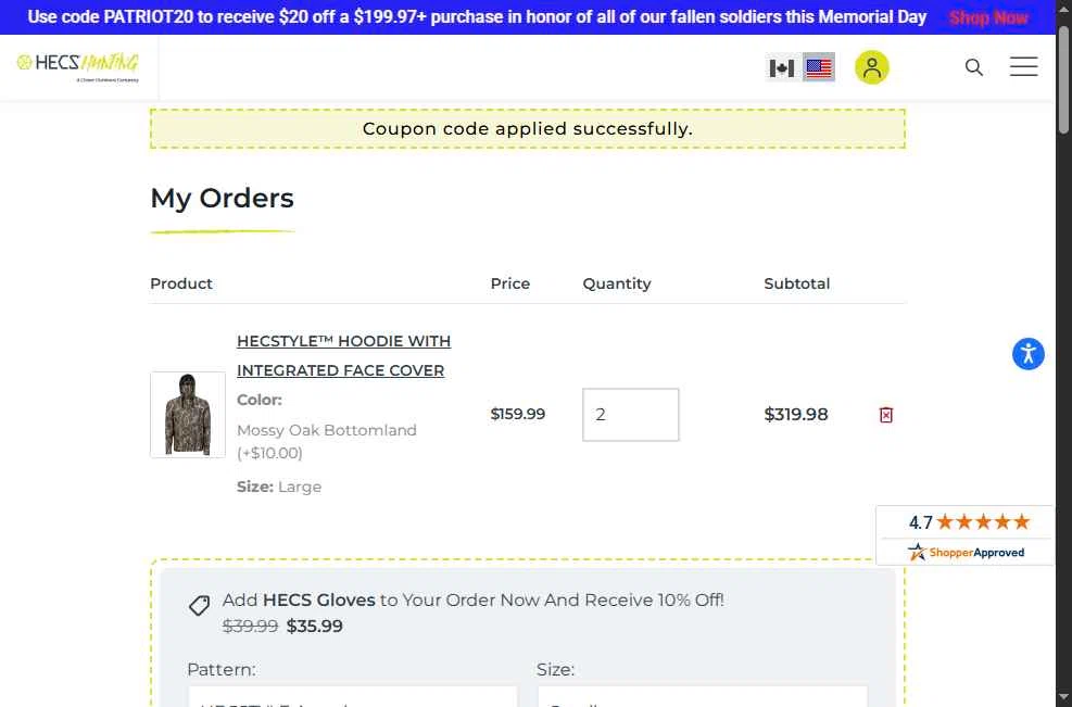 HECS Hunting checkout page showing HECS Hunting coupon code box | Screenshot taken by SimplyCodes community member on May 28, 2025