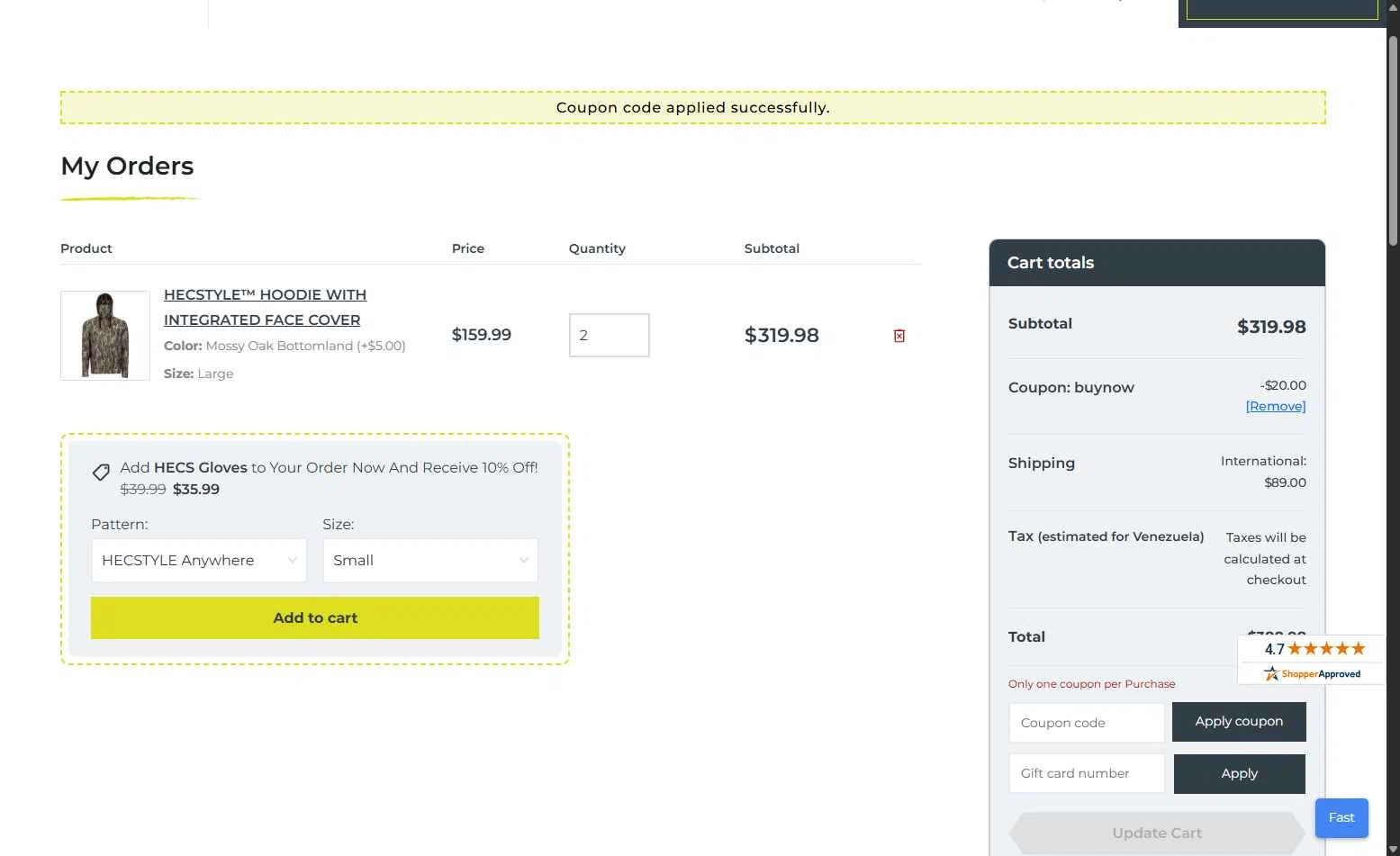 HECS Hunting checkout page showing HECS Hunting coupon code box | Screenshot taken by SimplyCodes community member on Jun 20, 2025