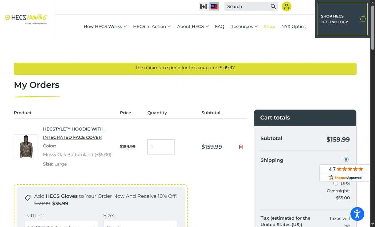HECS Hunting checkout page showing HECS Hunting coupon code box | Screenshot taken by SimplyCodes community member on Jun 20, 2025