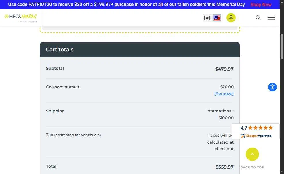 HECS Hunting checkout page showing HECS Hunting coupon code box | Screenshot taken by SimplyCodes community member on May 28, 2025