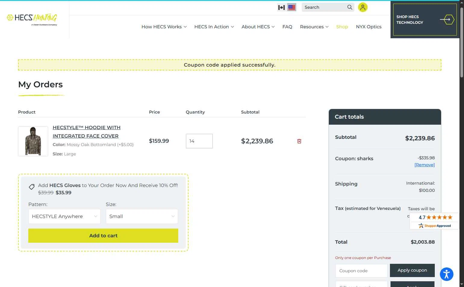 HECS Hunting checkout page showing HECS Hunting coupon code box | Screenshot taken by SimplyCodes community member on Jul 13, 2025