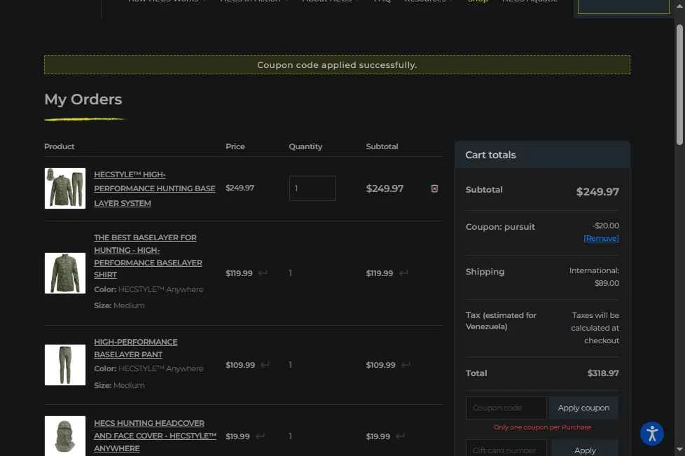HECS Hunting checkout page showing HECS Hunting coupon code box | Screenshot taken by SimplyCodes community member on Nov 22, 2025