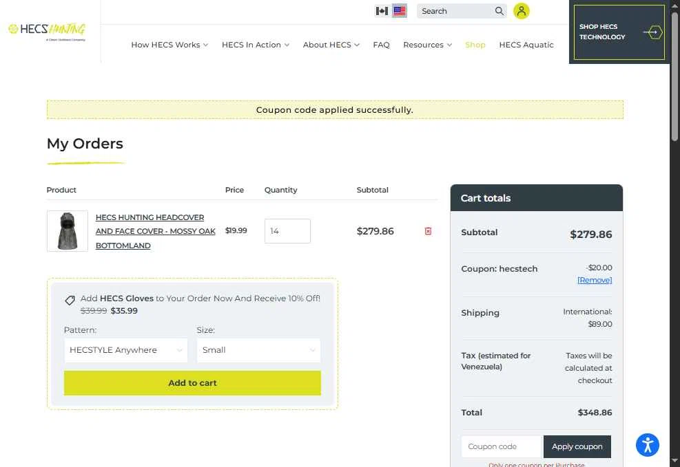HECS Hunting checkout page showing HECS Hunting coupon code box | Screenshot taken by SimplyCodes community member on Jan 6, 2026