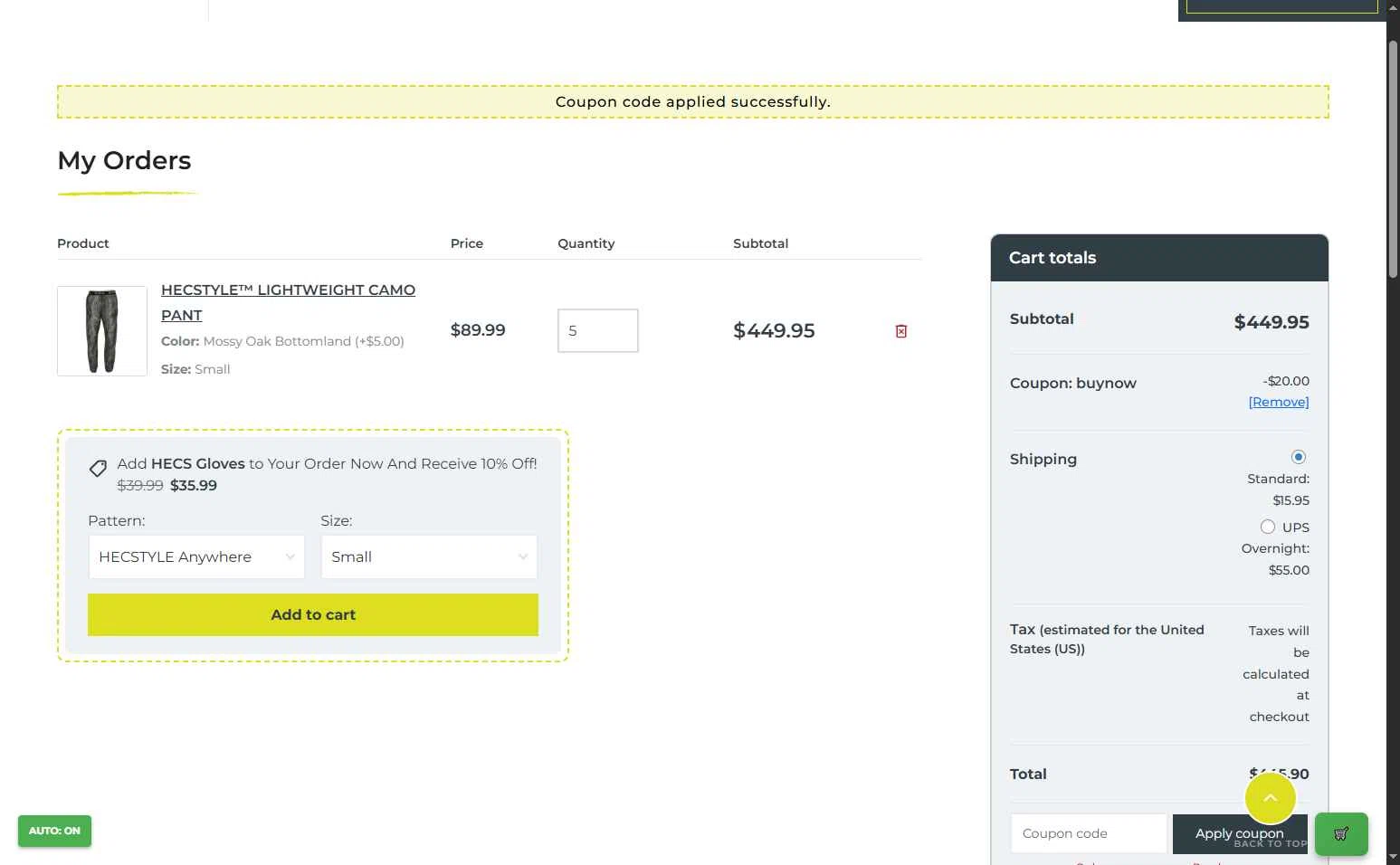 HECS Hunting checkout page showing HECS Hunting coupon code box | Screenshot taken by SimplyCodes community member on Nov 22, 2025