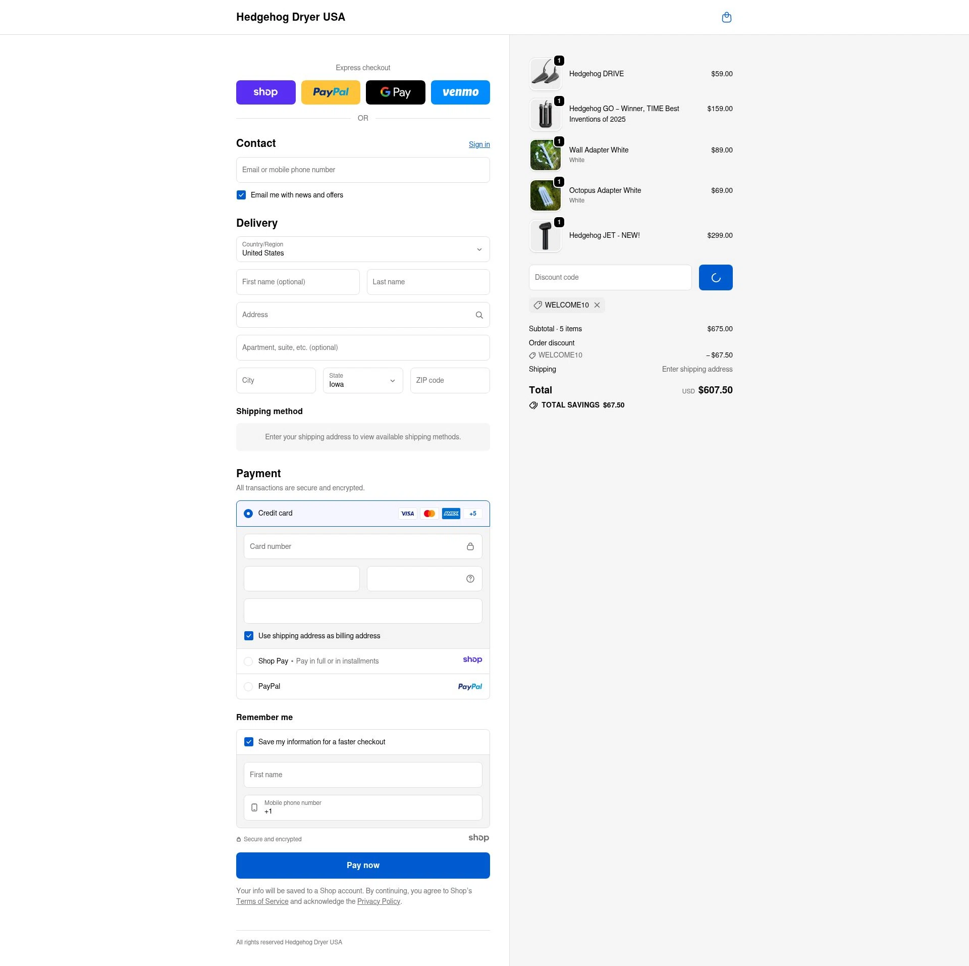 Hedgehog Dryer USA checkout page showing Hedgehog Dryer USA promo code box | Screenshot taken by SimplyCodes community member on Dec 24, 2025