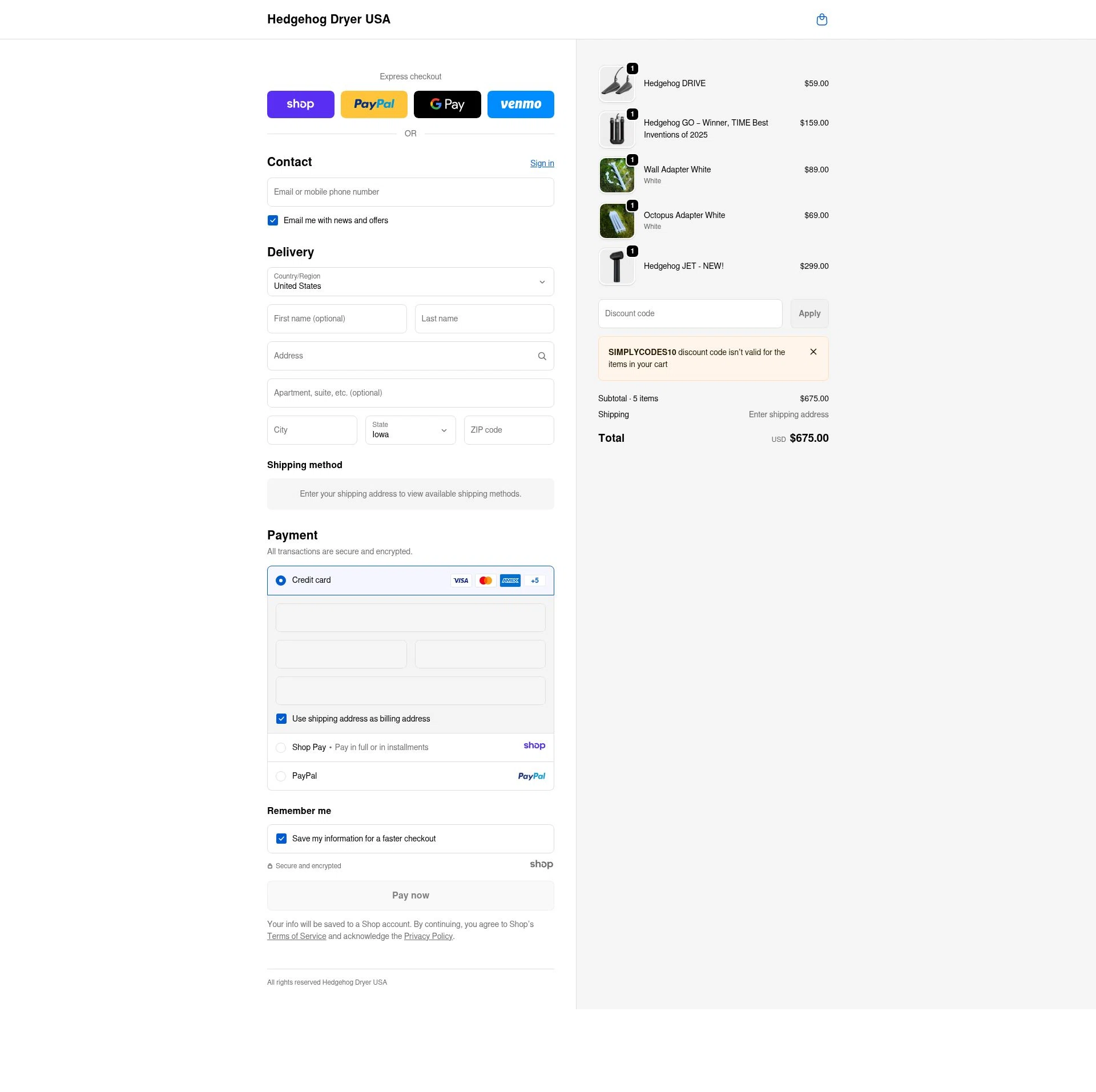 Hedgehog Dryer USA checkout page showing Hedgehog Dryer USA promo code box | Screenshot taken by SimplyCodes community member on Dec 24, 2025