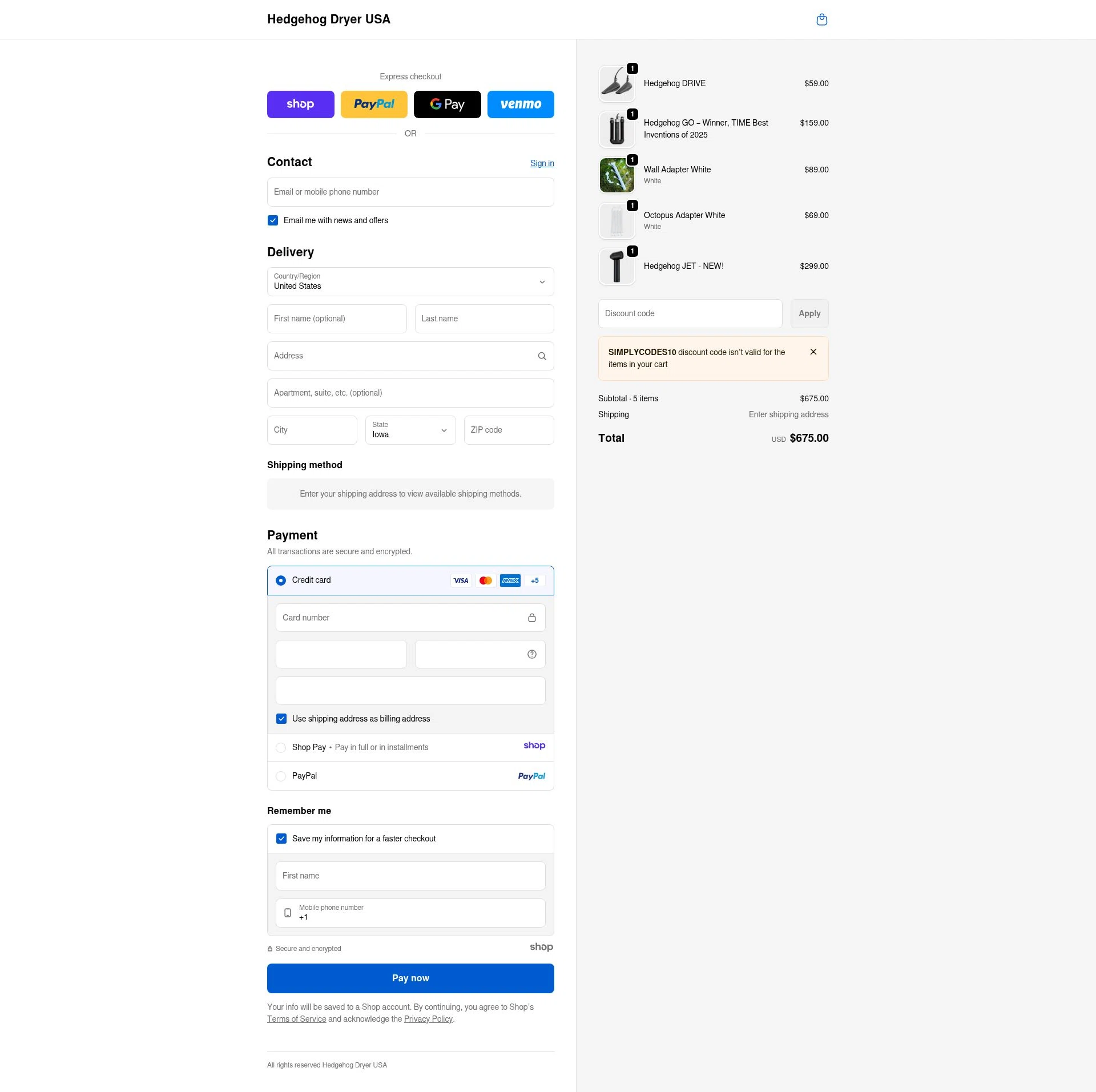Hedgehog Dryer USA checkout page showing Hedgehog Dryer USA promo code box | Screenshot taken by SimplyCodes community member on Dec 29, 2025
